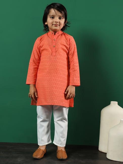 readiprint fashions kids coral & white embroidered full sleeves kurta with pyjamas