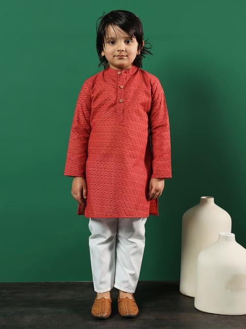 readiprint fashions kids dark peach & white embroidered full sleeves kurta with pyjamas