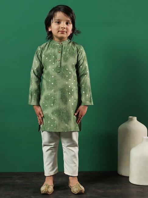 readiprint fashions kids green & white floral print full sleeves kurta with pyjamas