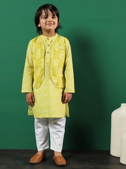 readiprint fashions kids green & white printed full sleeves jacket style kurta with pyjamas