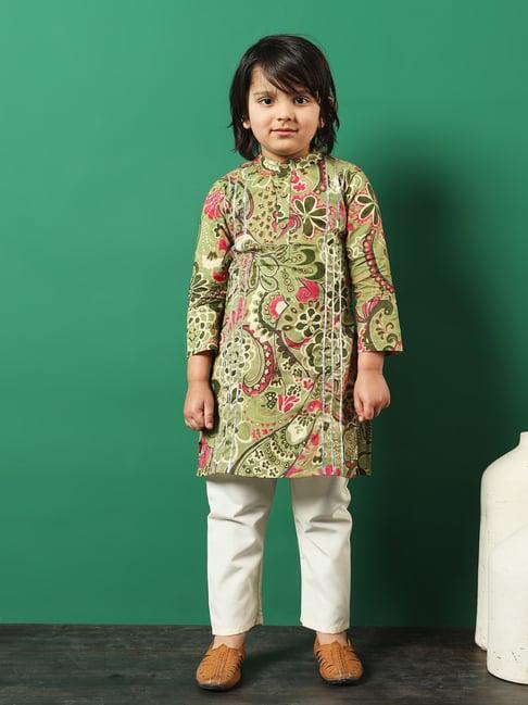 readiprint fashions kids green & white printed full sleeves kurta with pyjamas