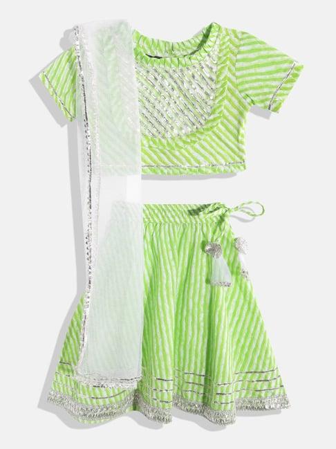 readiprint fashions kids green & white striped lehenga, choli with dupatta