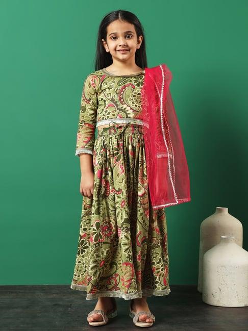 readiprint fashions kids green printed lehenga, choli with dupatta