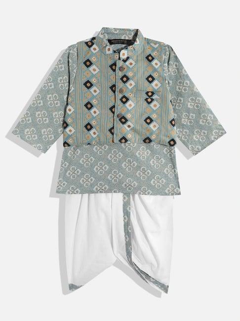 readiprint fashions kids grey with white printed full sleeves kurta, pyjamas with nehru jacket