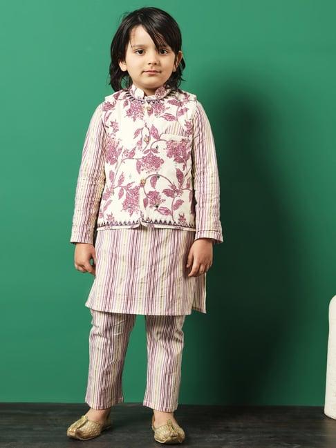 readiprint fashions kids mauve & white printed full sleeves kurta, pyjamas with jacket