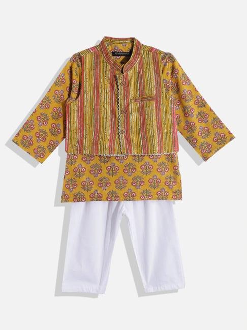 readiprint fashions kids mustard & white floral print full sleeves kurta, nehru jacket with pyjamas