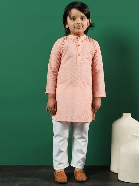 readiprint fashions kids peach & white embroidered full sleeves kurta with pyjamas