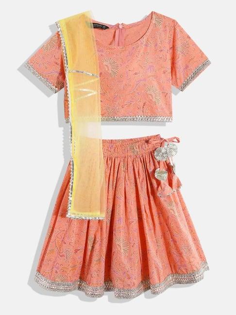 readiprint fashions kids peach with yellow printed lehenga, choli with dupatta