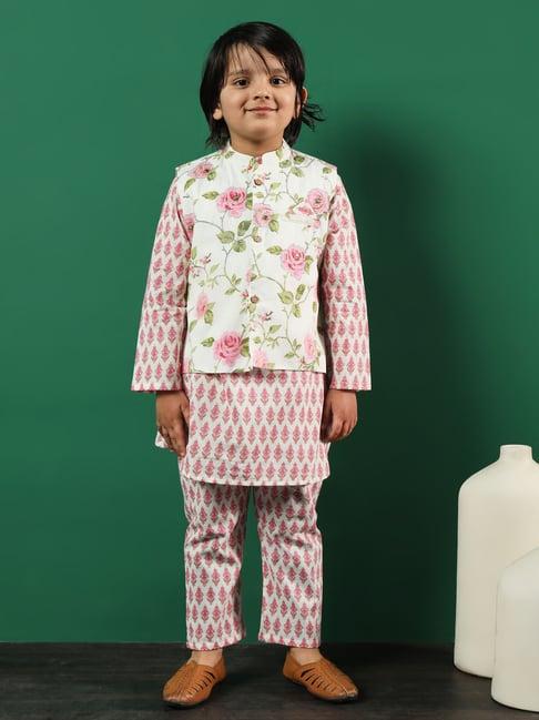 readiprint fashions kids pink & white floral print full sleeves kurta, pyjamas with jacket