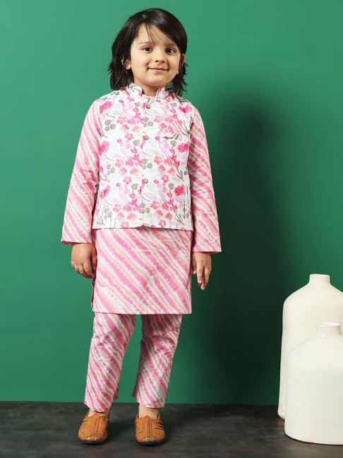 readiprint fashions kids pink & white printed full sleeves kurta, pyjamas with jacket