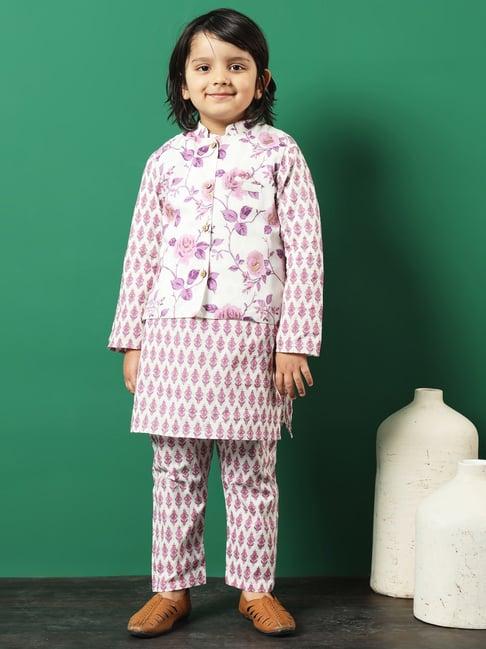 readiprint fashions kids purple & white floral print full sleeves kurta, pyjamas with jacket