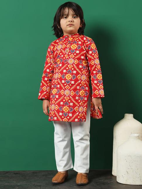 readiprint fashions kids red & white printed full sleeves kurta with pyjamas