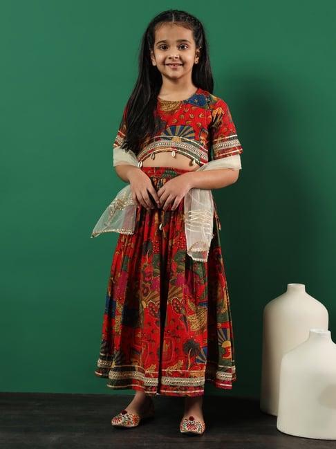 readiprint fashions kids red & white printed lehenga, choli with dupatta