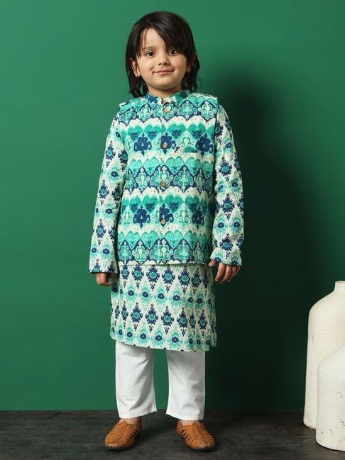 readiprint fashions kids sea green & white printed full sleeves kurta, pyjamas with jacket