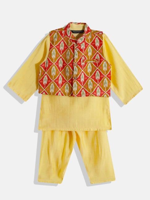 readiprint fashions kids yellow & red printed full sleeves kurta, nehru jacket with pyjamas