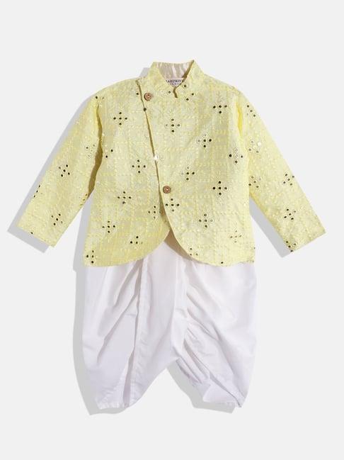 readiprint fashions kids yellow & white embellished full sleeves kurta with dhoti