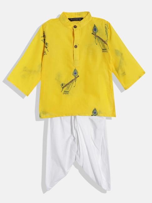 readiprint fashions kids yellow & white embroidered full sleeves kurta with dhoti