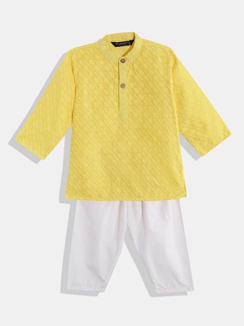 readiprint fashions kids yellow & white embroidered full sleeves kurta with pyjamas