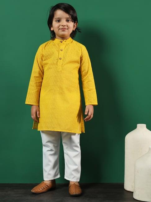 readiprint fashions kids yellow & white embroidered full sleeves kurta with pyjamas