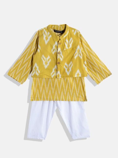 readiprint fashions kids yellow & white printed full sleeves kurta, nehru jacket with pyjamas
