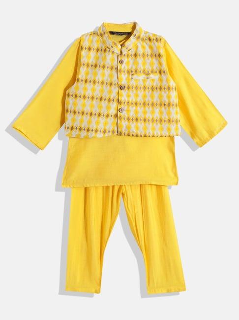 readiprint fashions kids yellow printed full sleeves kurta, nehru jacket with pyjamas