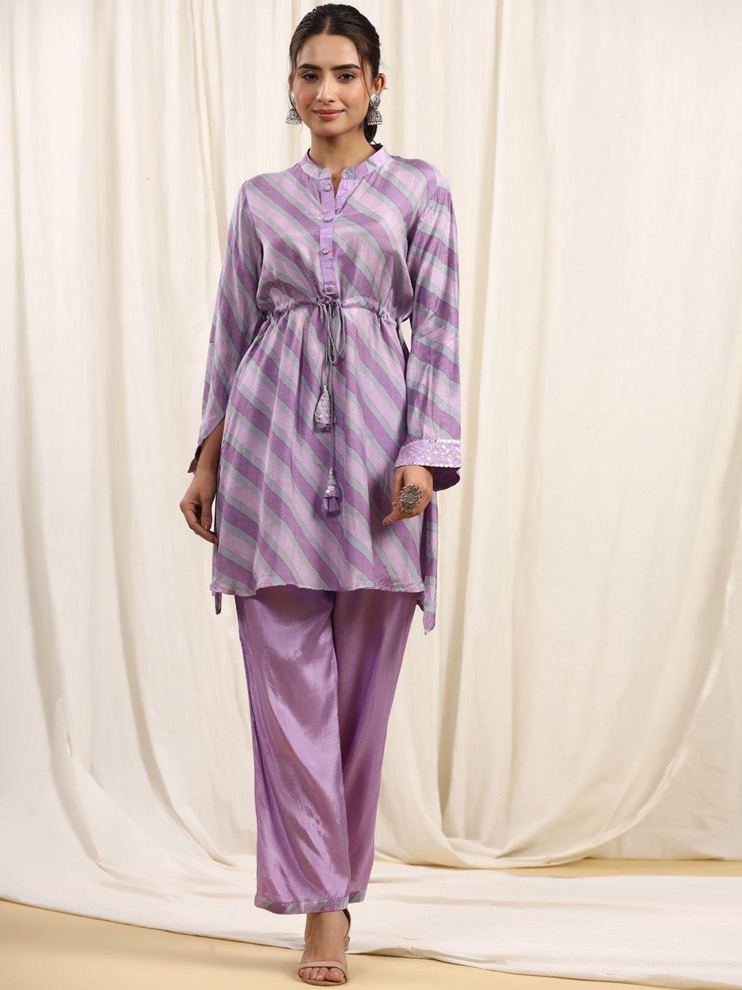 readiprint fashions leheriya printed mandarin collar pure silk a-line kurta with palazzos