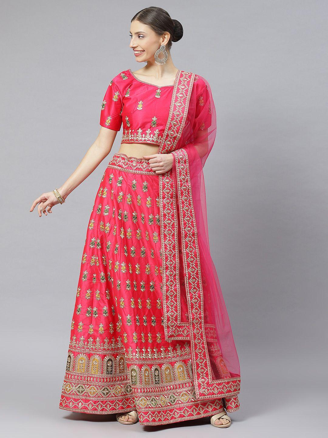 readiprint fashions magenta & gold-toned embroidered semi-stitched lehenga & unstitched blouse with dupatta