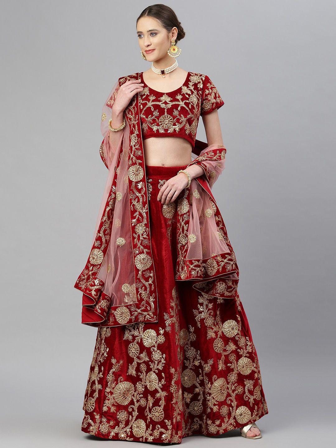 readiprint fashions maroon & gold embroidered semi-stitched lehenga & unstitched blouse