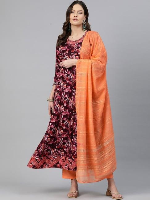 readiprint fashions maroon & orange printed kurta pant set with dupatta