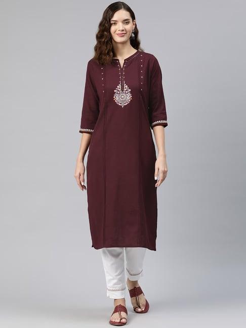 readiprint fashions maroon & white cotton embroidered kurta pant set