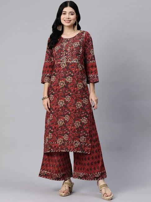 readiprint fashions maroon cotton floral print kurta palazzo set