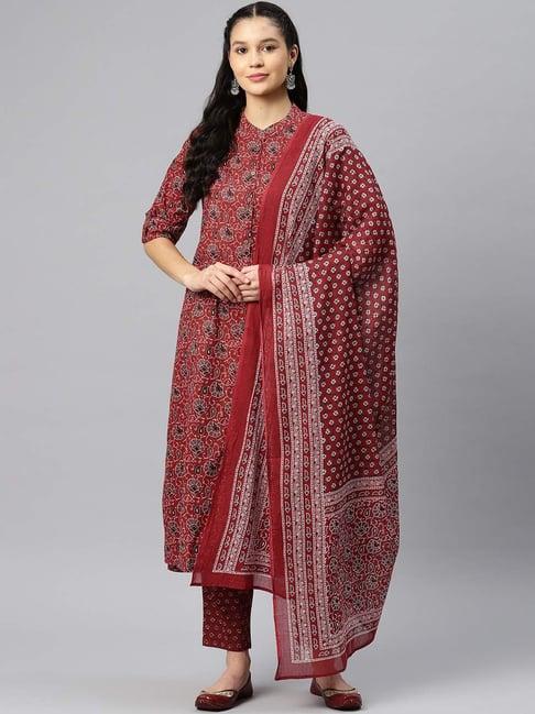 readiprint fashions maroon cotton floral print kurta pant set with dupatta