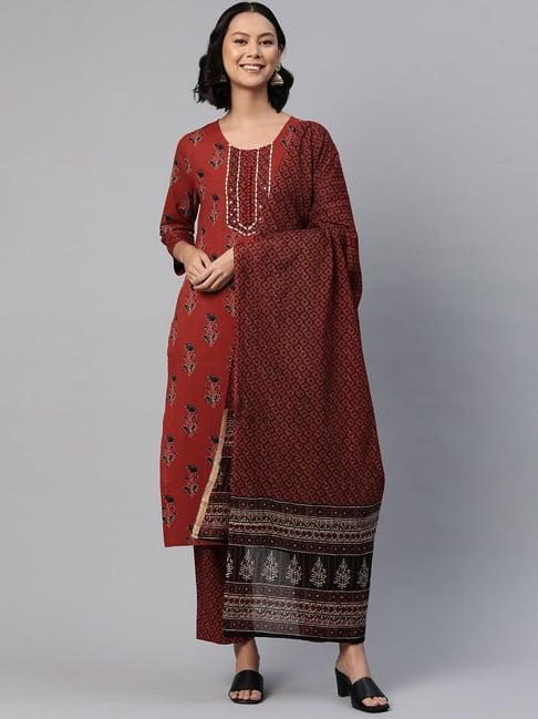 readiprint fashions maroon cotton floral print kurta pant set with dupatta