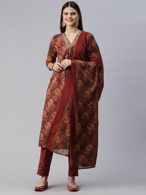 readiprint fashions maroon cotton floral print kurta pant set with dupatta