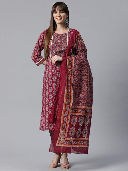 readiprint fashions maroon cotton printed kurta pant set with dupatta