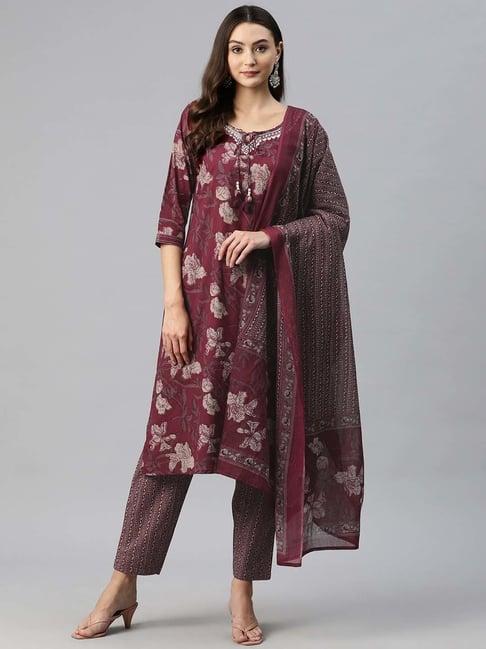 readiprint fashions maroon cotton printed kurta pant set with dupatta