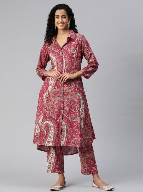 readiprint fashions maroon cotton printed kurta pant set