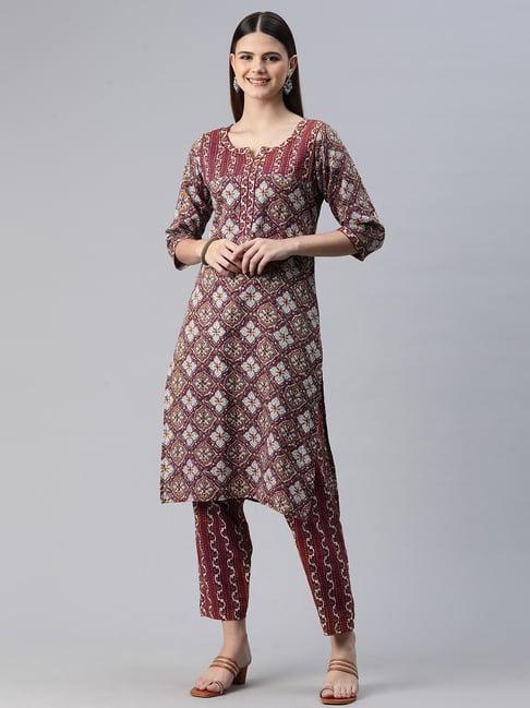 readiprint fashions maroon cotton printed kurta pant set