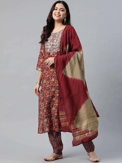 readiprint fashions maroon embroidered kurta pant set with dupatta