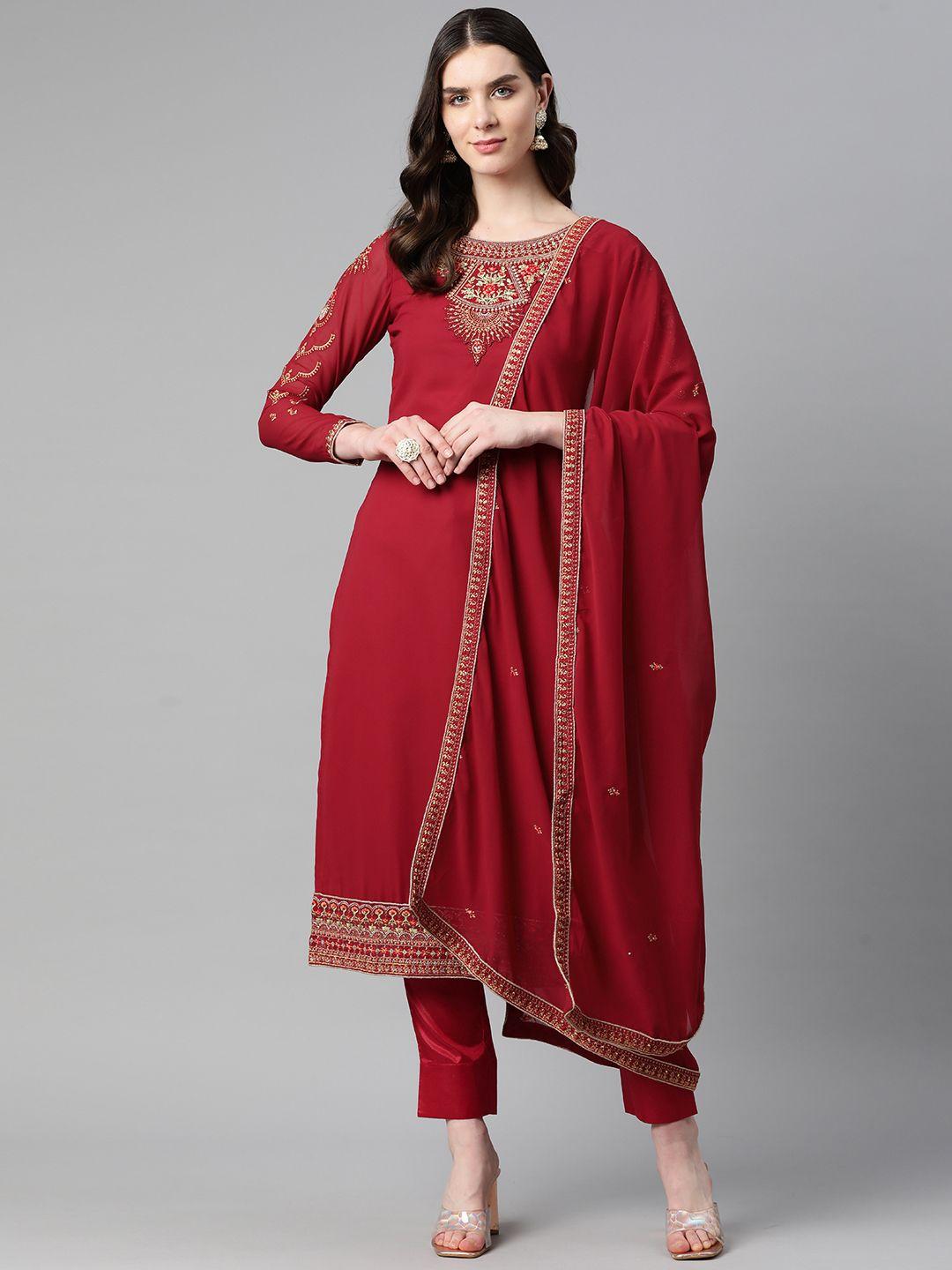 readiprint fashions maroon embroidered semi-stitched dress material