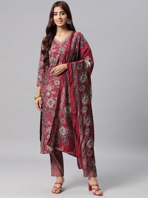 readiprint fashions maroon floral print kurta pant set with dupatta