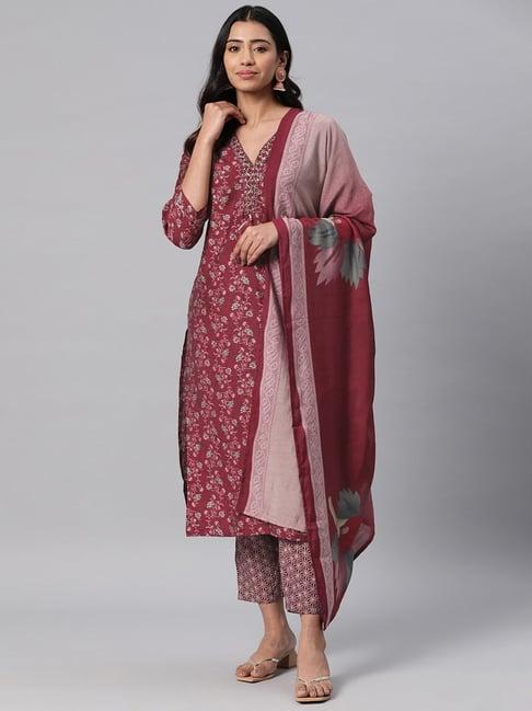 readiprint fashions maroon floral print kurta pant set with dupatta