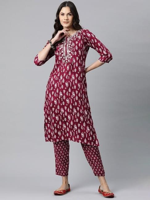 readiprint fashions maroon floral print kurta pant set