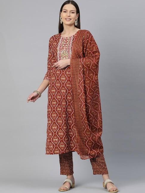 readiprint fashions maroon printed kurta pant set with dupatta