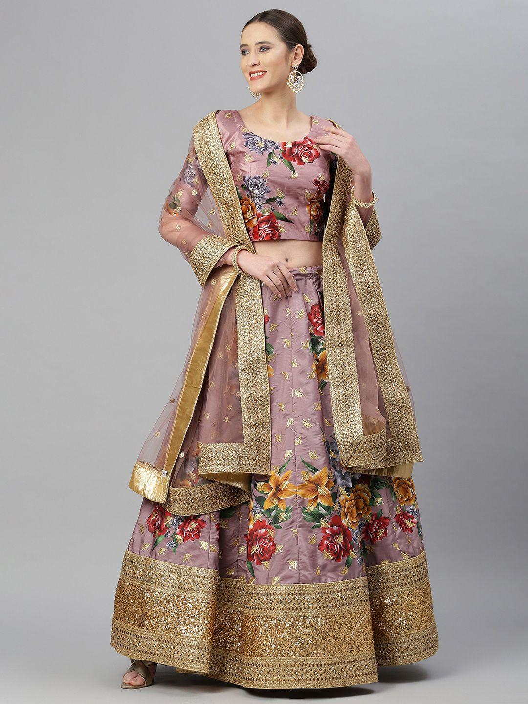 readiprint fashions mauve & red printed sequinned semi-stitched lehenga & unstitched blouse with dupatta