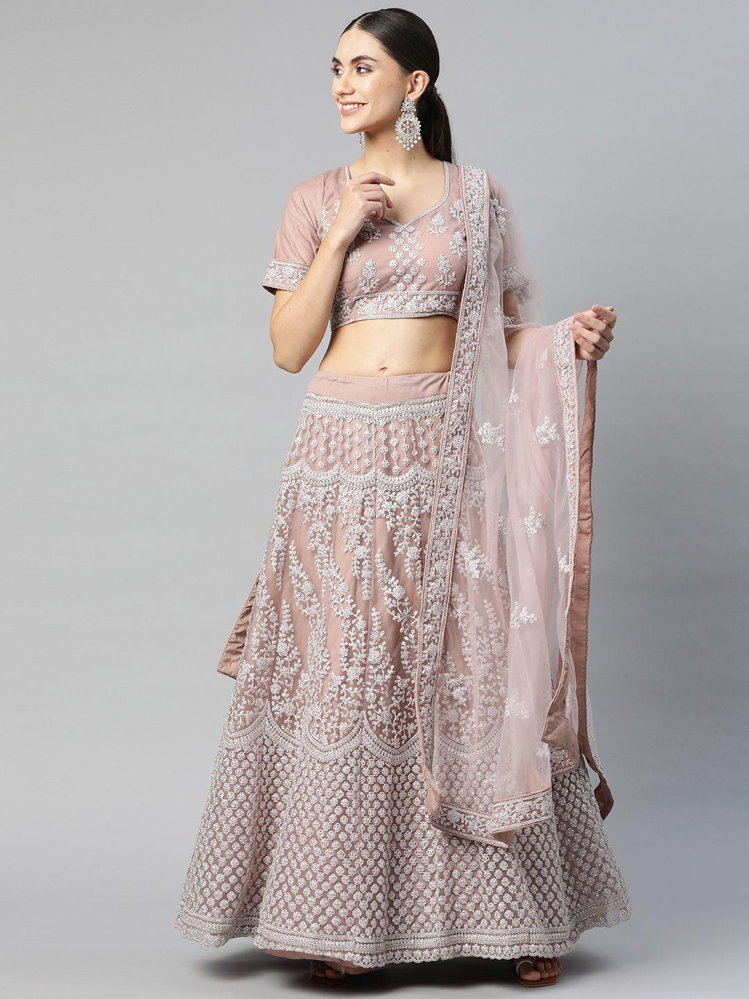 readiprint fashions mauve embroidered sequinned semi-stitched lehenga & unstitched blouse with dupatta