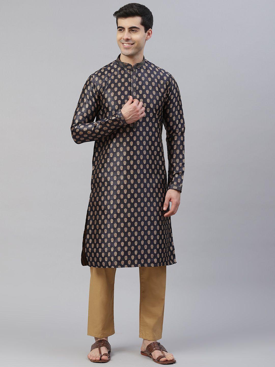 readiprint fashions men aubergine & gold jacquard floral straight kurta with pyjamas