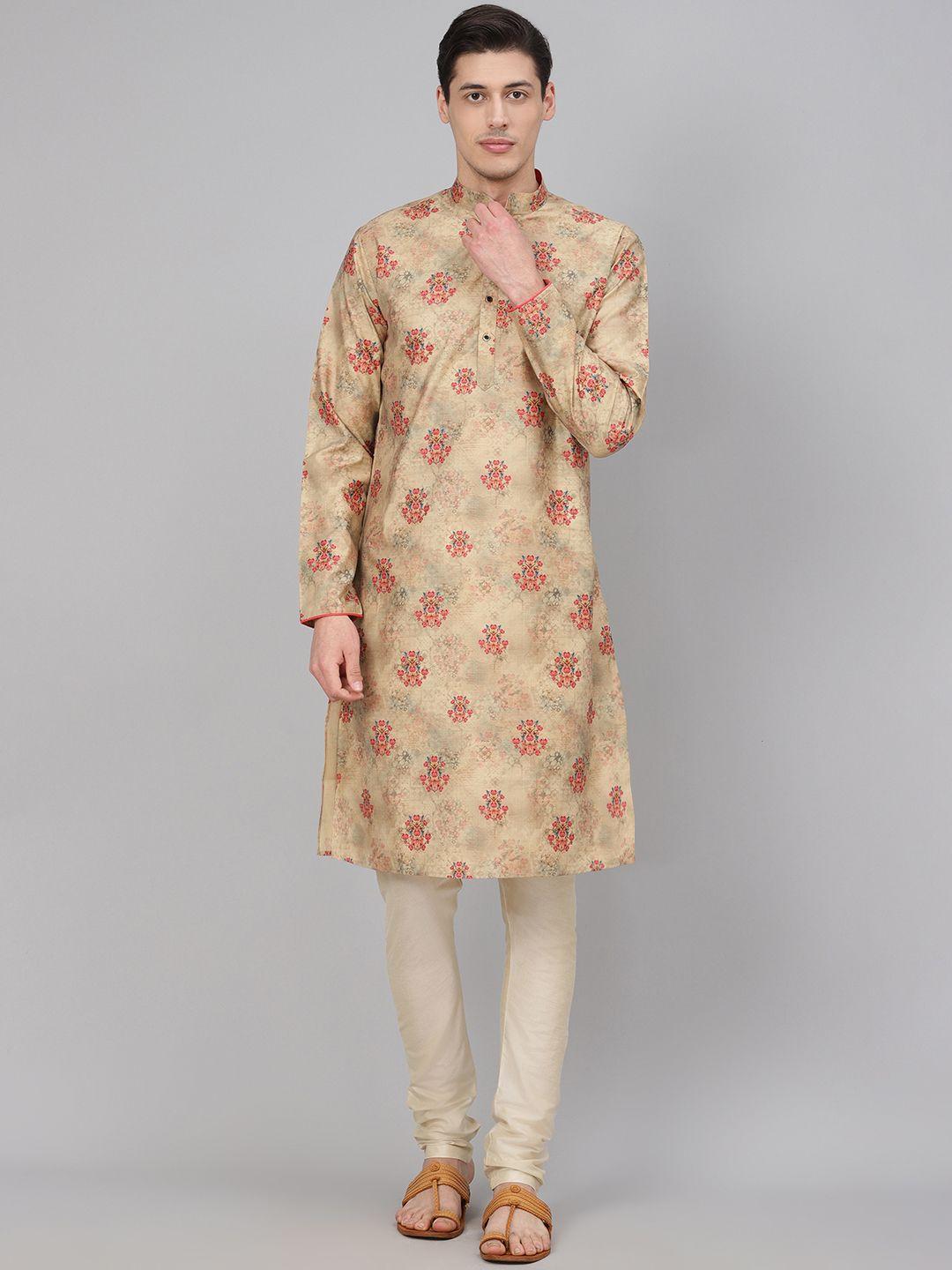 readiprint fashions men beige & pink printed kurta with churidar