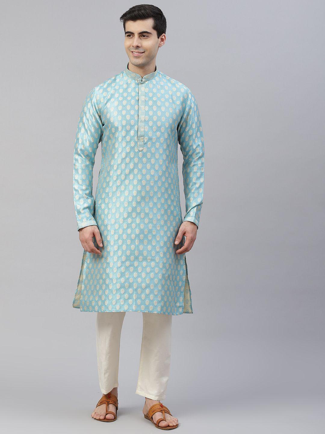 readiprint fashions men blue & gold jacquard design zari straight kurta pyjamas