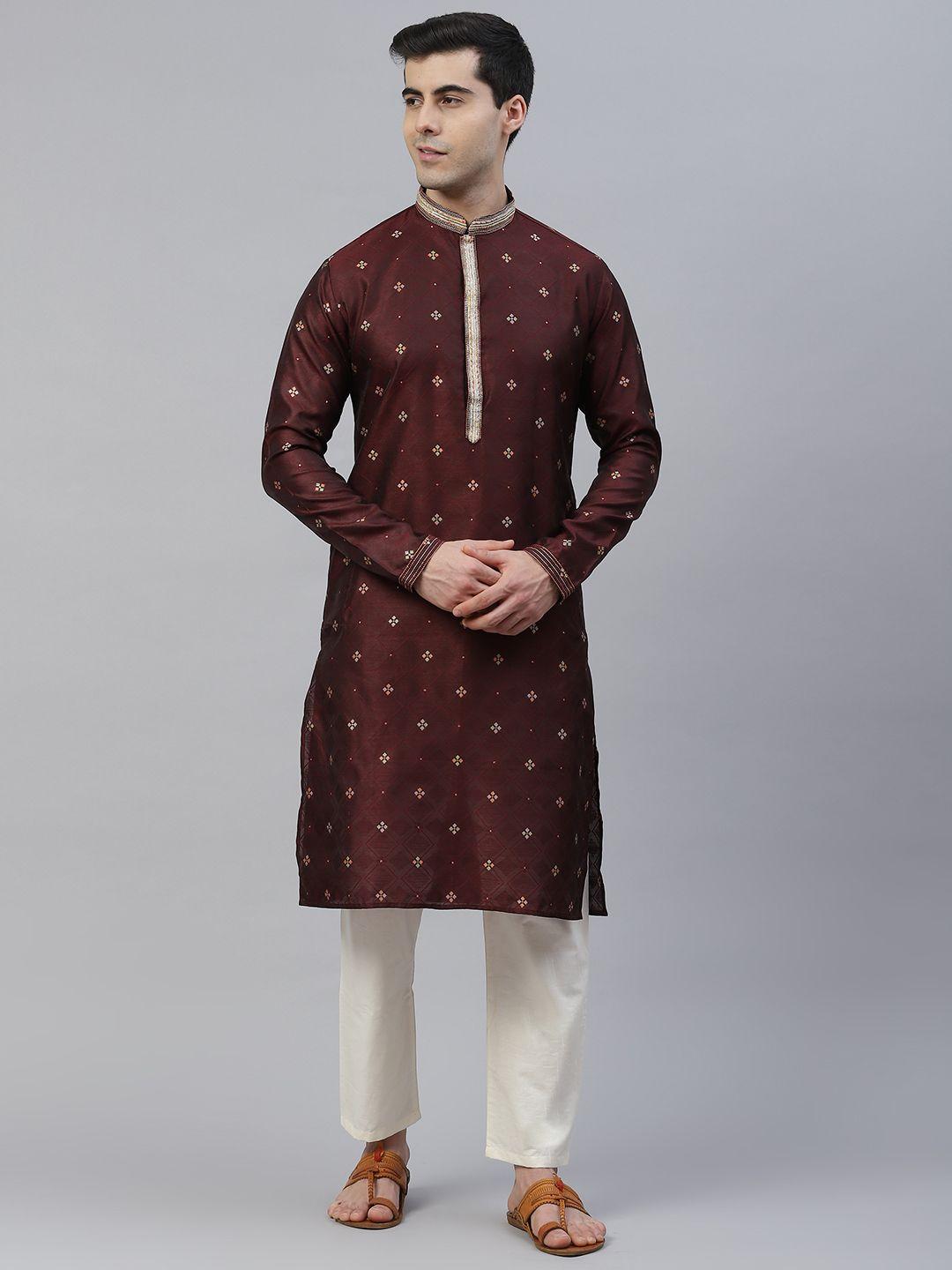 readiprint fashions men burgundy & orange jacquard design zari straight kurta pyjamas